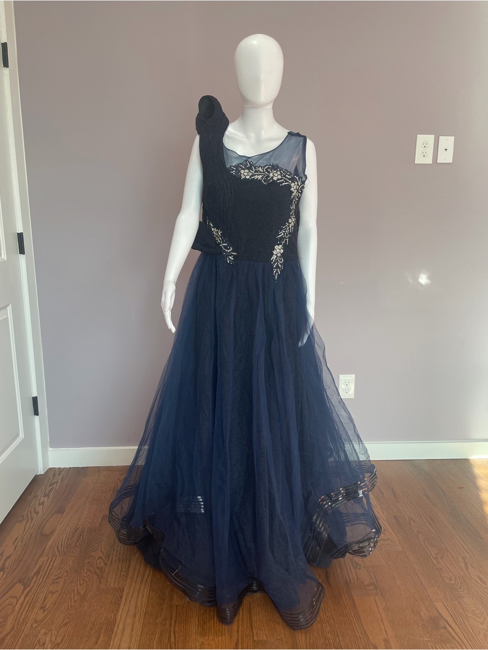 Navy Tulle Evening Gown with Embroidered Bodice